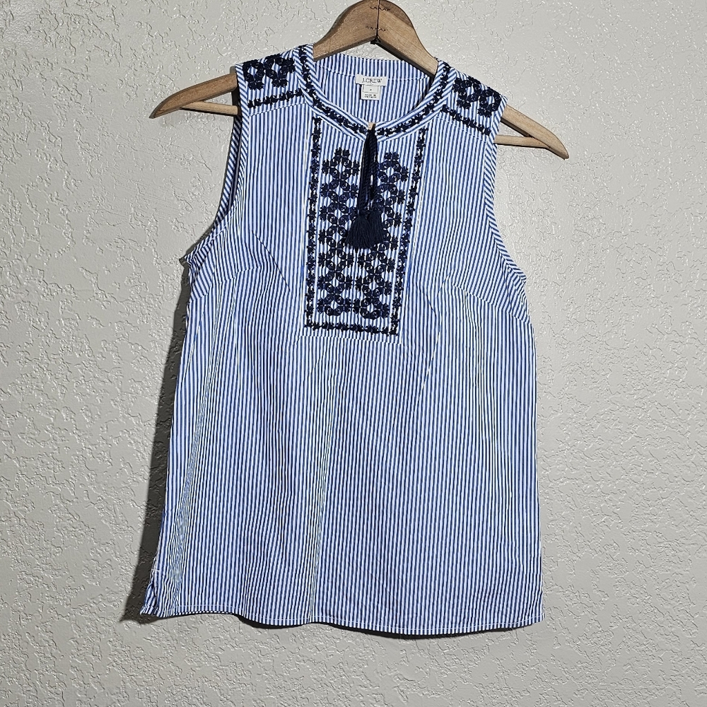 J. Crew Blue/White Striped Embroidered Tank Top